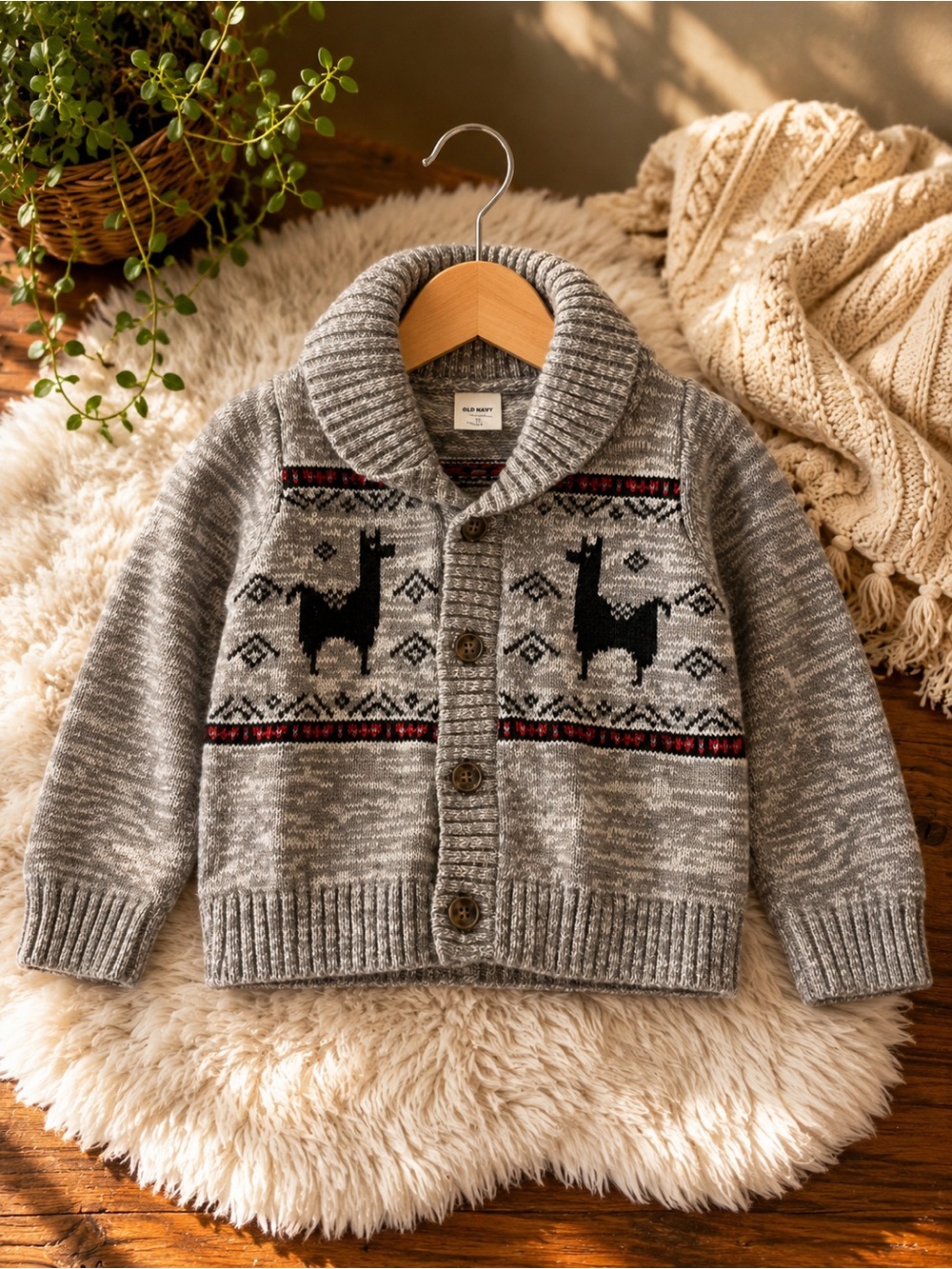 Old Navy Toddler Llama Fair Isle Shawl Collar Cardigan Sweater 12-18M Gray